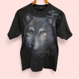 Vintage 90’s black wolf airbrush t-shirt Sue hand made single stitch made in USA